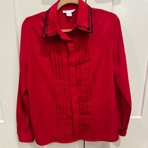 1980’s Susan Hutton Red Button-Up Blouse with Embroidered Collar